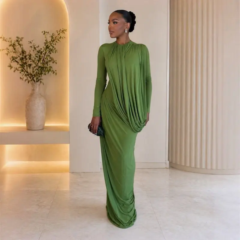 Women's Elegant Asymmetrical Ruched Maxi Evening Gown with Flowing Draped Cape - Formal Party Dress, Premium Fabric, Evening Wear, Womens Dresses, Glamorous Style, Formal Gown Party Dresses