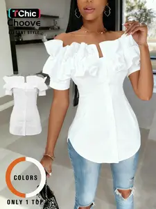 Women's Plain Ruffle Trim Off Shoulder Short Fitted Shirt Blouse, Elegant Chic Solid Color Top for Daily Wear, Ladies Clothes for All Seasons