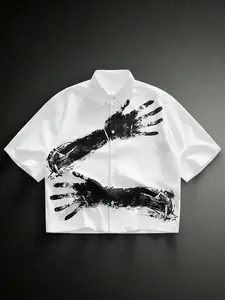 Men’s Y2K Handprint Graphic Cropped Button-Down Shirt, Gothic Streetwear, Soft Breathable Fabric, Loose Fit Short Sleeve, Aesthetic Casual Top for Daily, Summer, Grunge Style