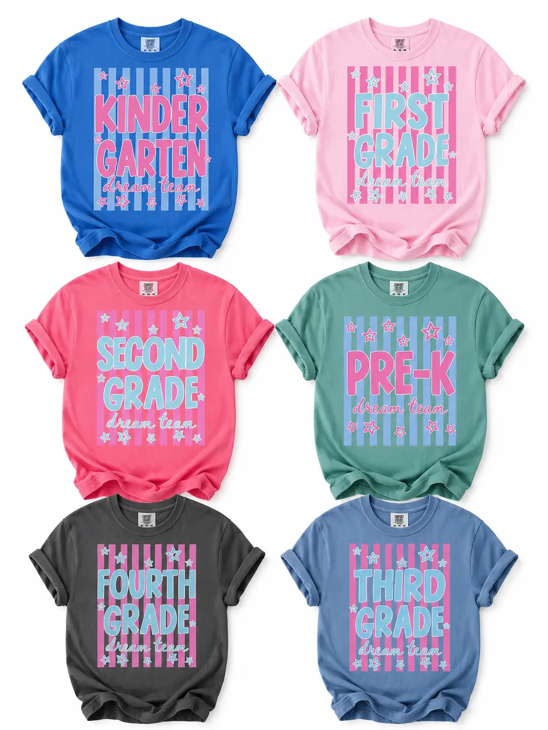 Custom Comfort Colors Dream Team Stripes T-Shirt, Back to School Teacher Team Tee, Matching Teacher Shirt, Teacher Grade Level Shirt - Printfamily