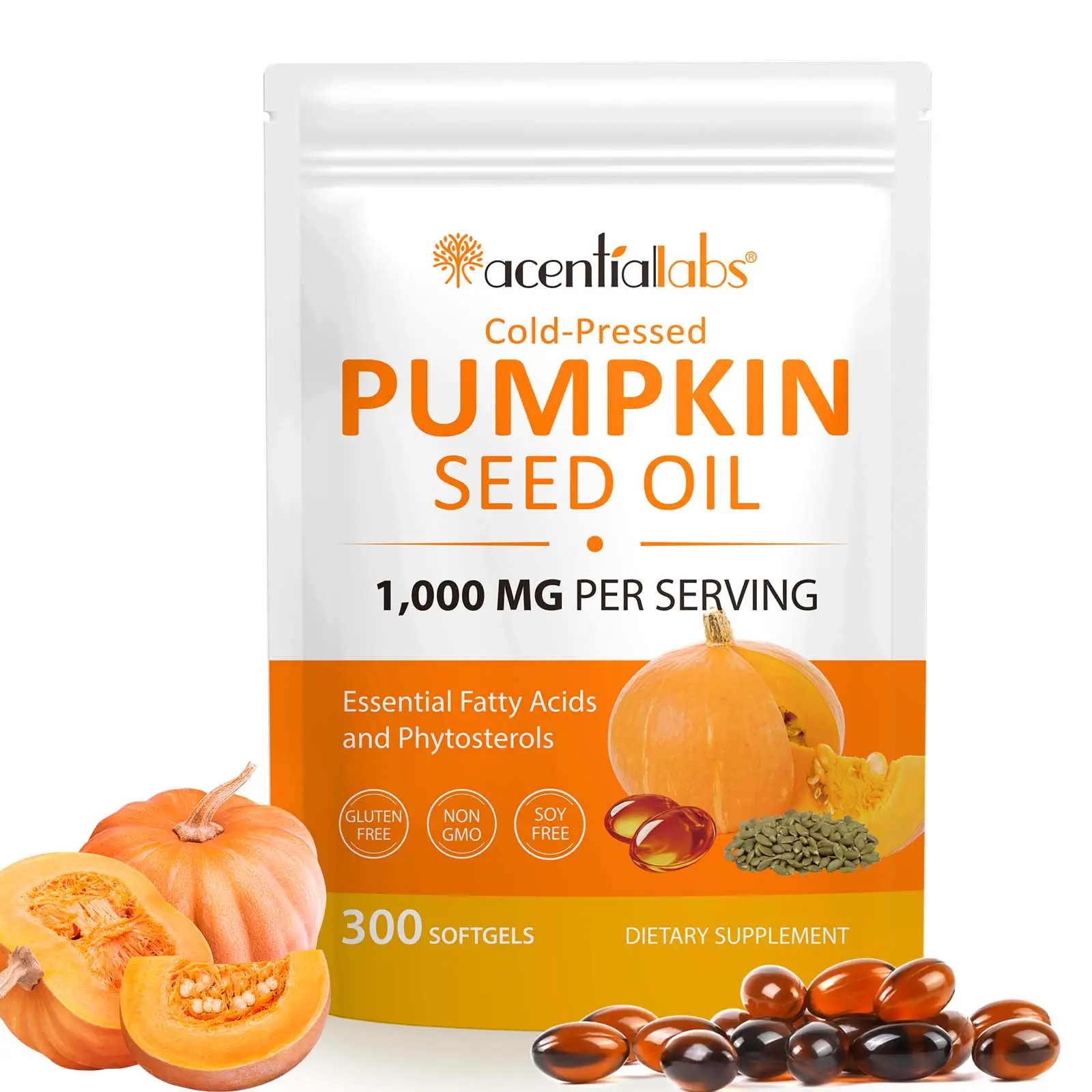 Acentialabs Pumpkin Seed Oil with Saw Palmetto 3000mg - Cold Pressed Pure Virgin Oil Supplement for Hair, Prostate & Bladder Support*, with Essential Fatty Acids & Phytosterols, Non-GMO, 300 Softgels (5-Month Supply), Healthcare, Dietary