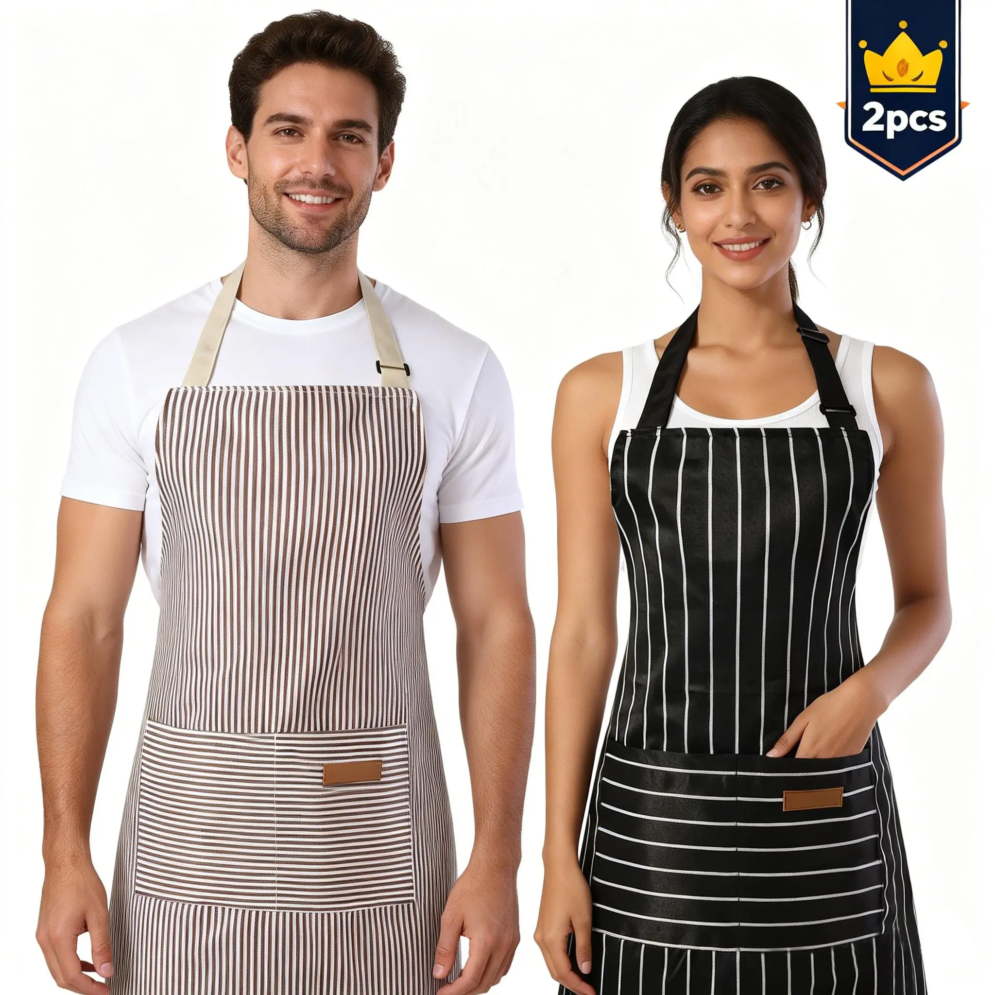 Kitchen Cooking Aprons for Women and Men Adjustable Chef Apron with Pockets 2 PCs Lightweight Polyester Cotton Yarn Dyed Fabric Easy to Clean Sturdy Durable One Size Fits Most - Flower Set Hand Pack White