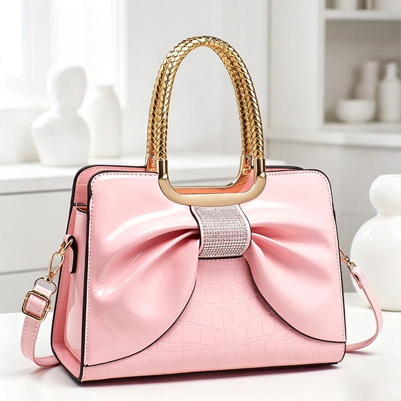 Women’s glossy leather handbag with top handle — medium-structured shoulder/handbag with adjustable strap