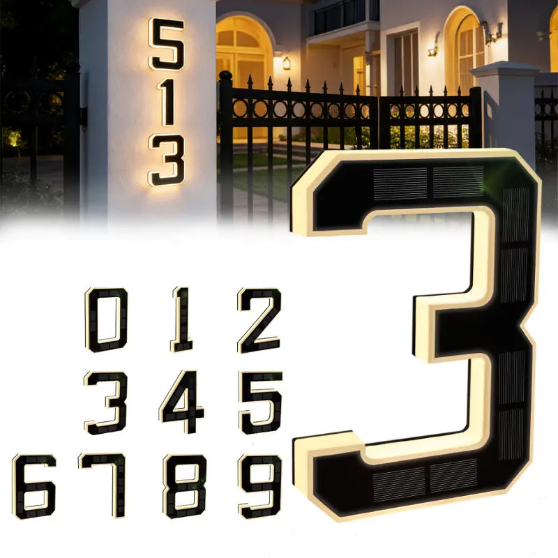 LED Address Sign, 9 Inch Modern Minimalist Solar Powered House Numbers, Waterproof ABS Plastic Light Up Plaque for Outdoor Home Identification, Signage, House Numbers For Outside Light Up, Led Address Signs, Home Id Sign