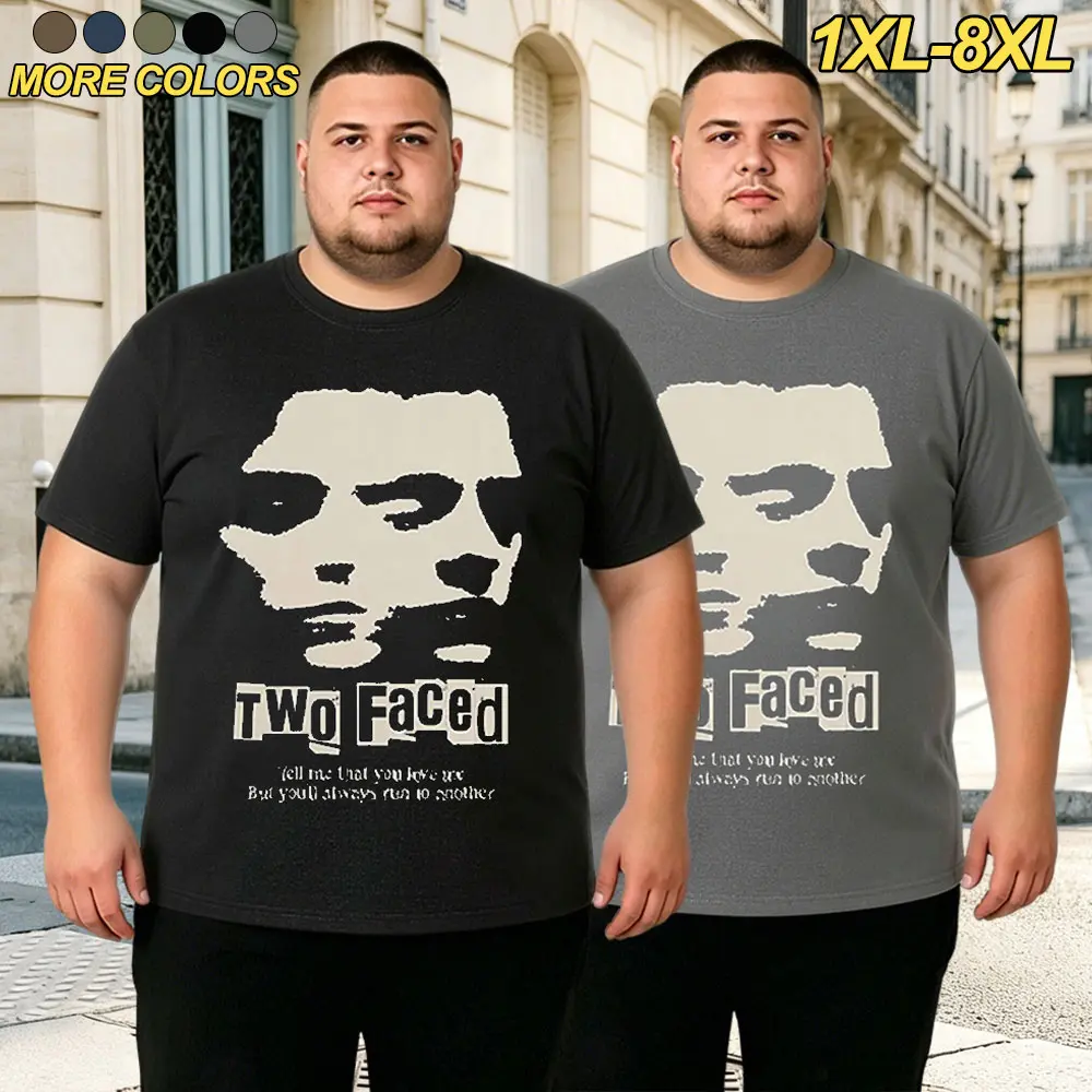 1XL–8XL Men’s Summer European/American streetwear distressed print short-sleeve T-shirt, plus-size loose casual crew neck tee, available in multiple colors, suitable for everyday street wear and home leisure