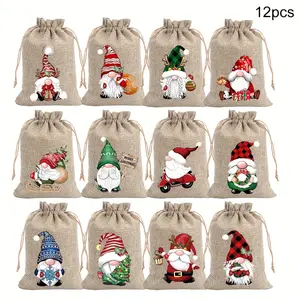 Set of 12 Christmas Burlap Gift Bags, Random Design Drawstring Pouches, Holiday Jewelry & Gifts Storage, Perfect for New Year Celebrations, Party Favor