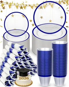 350PCS Clear Blue for, Disposable Dinnerware Set for 50 Guests, 100, 50 Cups, 50 Pre-Rolled with Cutlery for Graduation, Christmas, Birthday