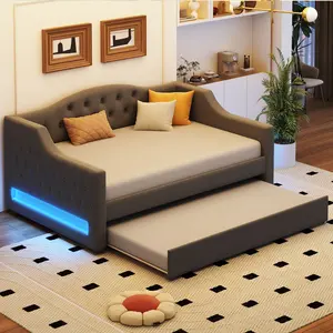 Full XL Size Daybed Frame with Trundle and LED Light, Linen Upholstered Day Bed Frame with Solid Wood Slats for Guest Room,Apartment,No Spring Box Needed, Easy Assembly, Gray