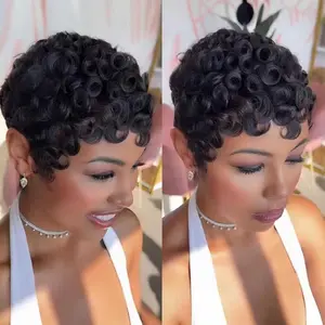 Pixie Cut Human Hair Wig Voluminous Waves Dark Brown/Black 6inch No Maintenance Required Comfortable Short Curly Cut for Everyday Use