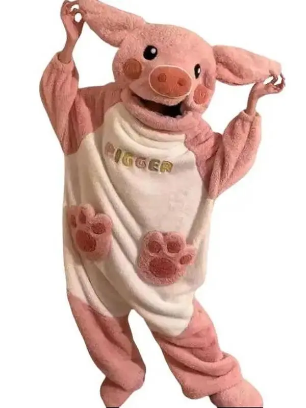 Adult jumpsuit pajamas, cute pink pig jumpsuit home clothes, soft plush role-playing costumes for Halloween and Christmas family parties pajamas, can be worn as outerwear for girlfriends and couples