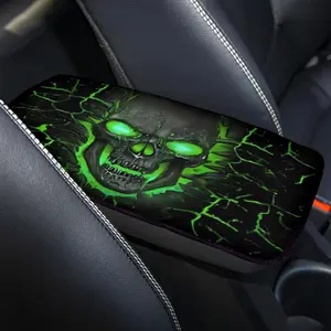 Skull Print Car Armrest Box Cover Pad, Universal Auto Interior Decor Accessory, Soft Polyester Material, Fits Most Vehicles