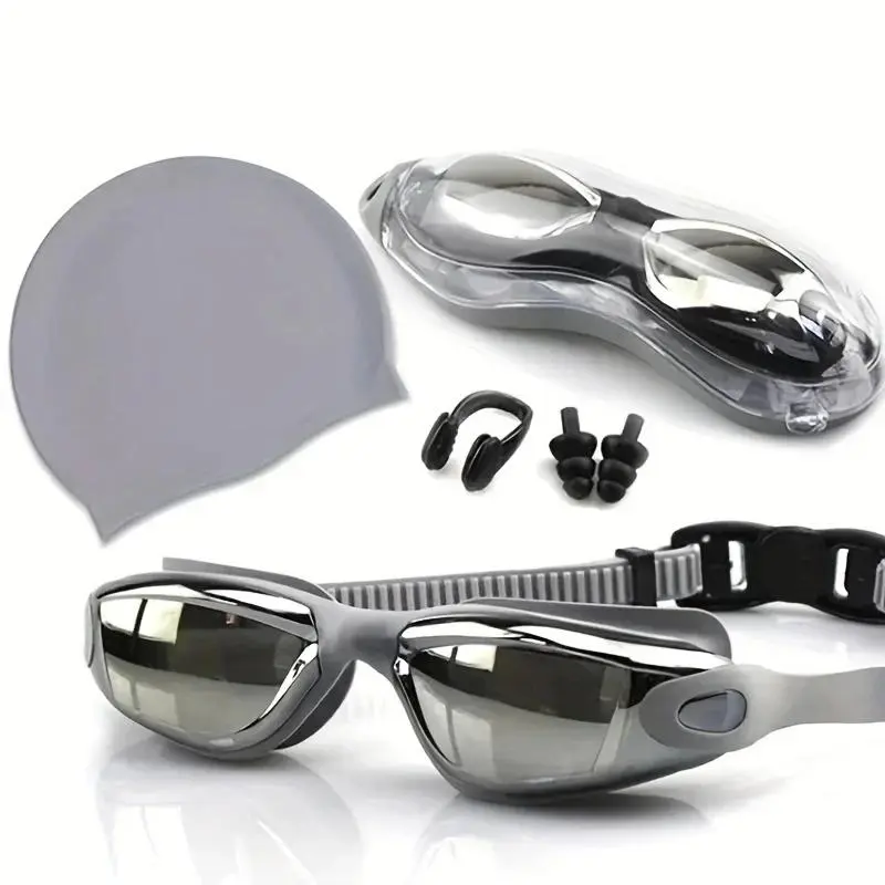 Swimming Goggles Set, Including Swimming Goggles, Nose Clip, Earplugs & Swimming Cap, Waterproof Silicone Swimming Accessories for Men and Women, Swim Glasses, Pool Goggles