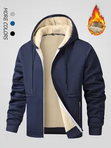 Men's Hooded Sweatshirt Jacket, Heavyweight Fleece Hoodie, Fleece Lined, Polyester Knit Fabric, Zipper Pullover, Elastic Long Sleeve, Fall Winter Casual Wear