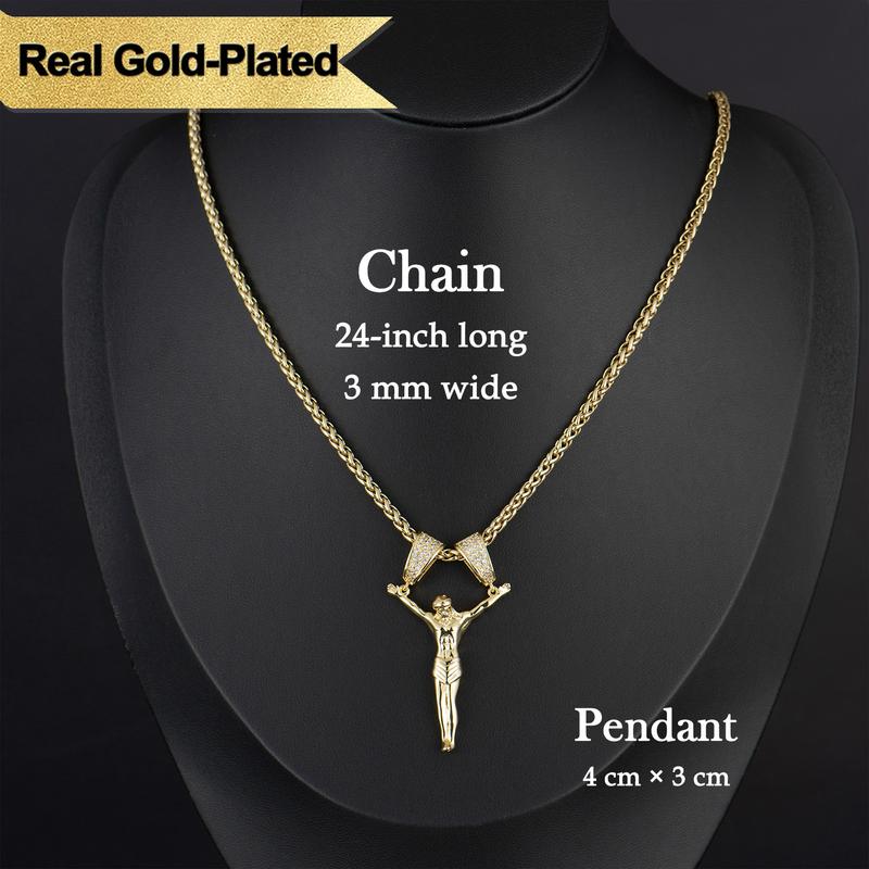 Holylegend 14K Real Gold-Plated Jesus Christ Pendant Necklace for Men and Women, 3D Christ Charm with Diamond Double-Lock Clasps, 24 inches Chain, Religious Gold Plated Jewelry Gift for Fashion Lovers