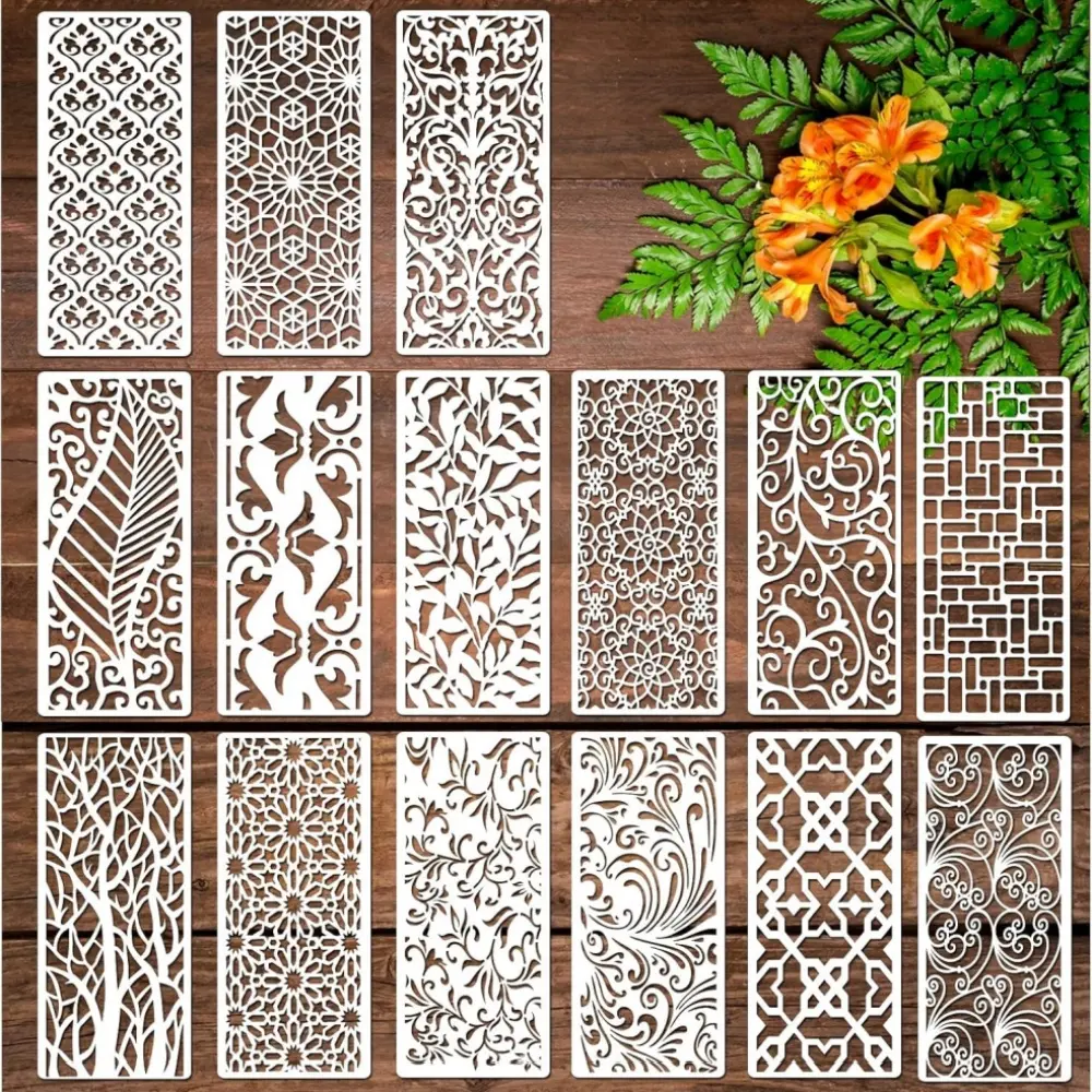 15 pcs Reusable Geometric Painting Stencils Texture Stencils Background Stencil Border Leaf Stencil for Wood DIY Craft Canvas Fabric Home Decor
