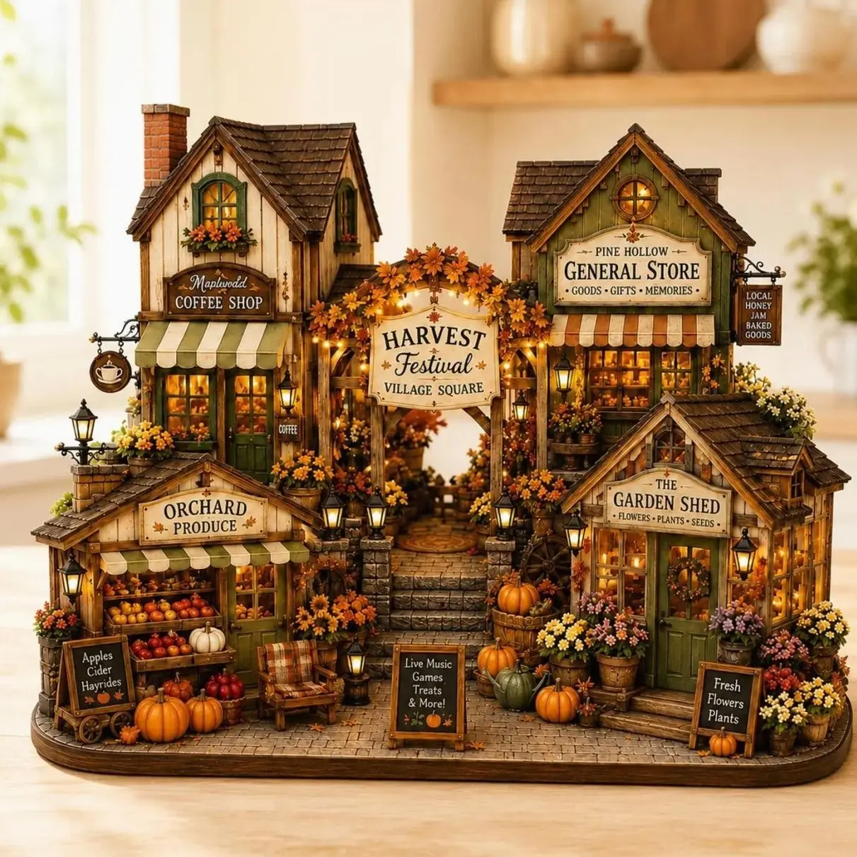 Personalized Harvest Festival Village Wooden Block, Custom Fall Market Shelf Decor, Rustic Autumn Village, Thanksgiving Home Decor Gift