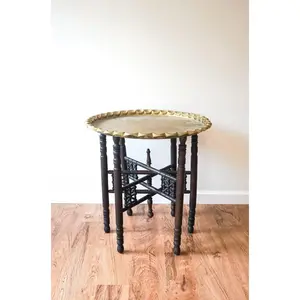 Beautiful Vintage Engraved Brass Table Top with Hand Spun Wooden Folding Legs