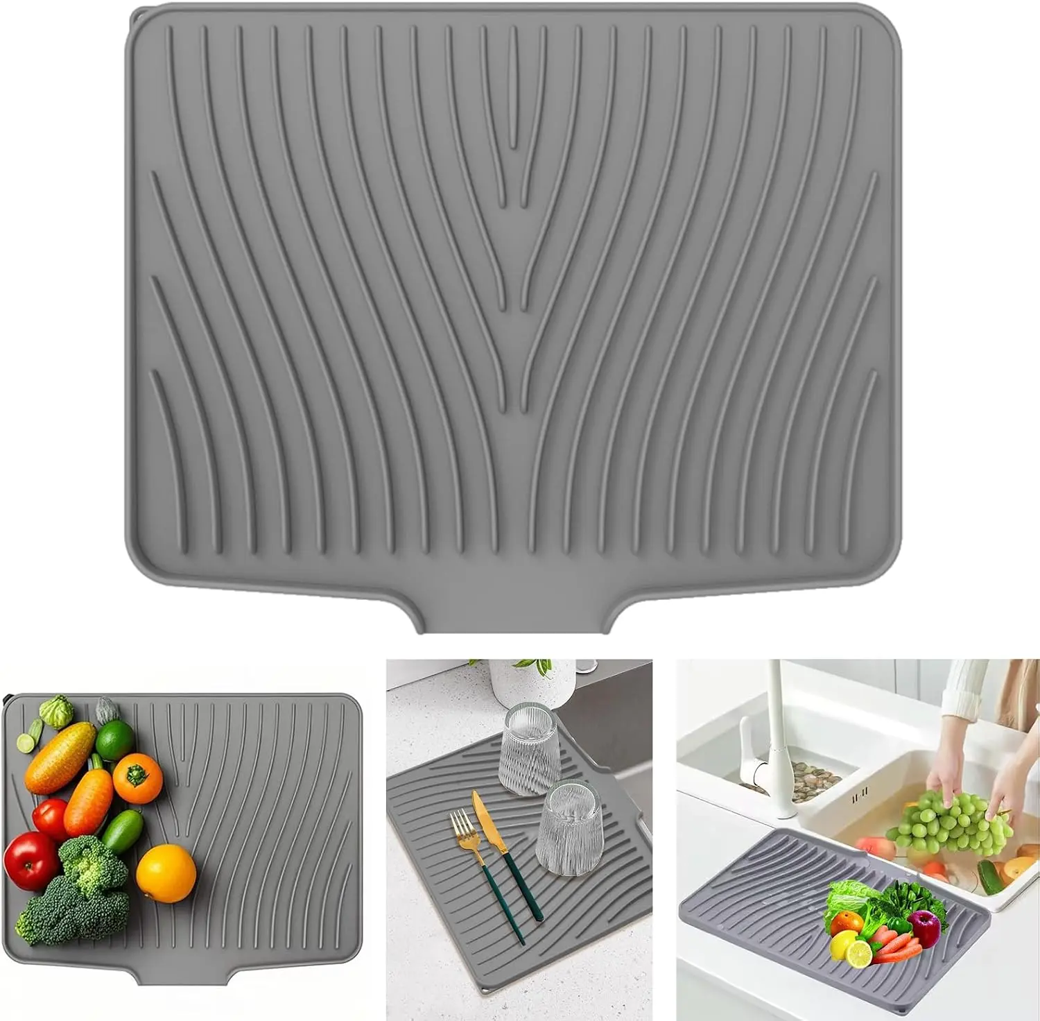 Silicone Dish Drying Mat for Kitchen Counter - Built-in Drain, Non-Slip, Heat-Resistant, Easy-Clean Sink Liner