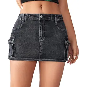Women's Cargo Mini Denim Skirt Low Waist Button Bodycon with Pockets New Short Skirts Y2K Streetwear Summer Casual Womenswear Elegant Beach Vintage Bohemian Bottom