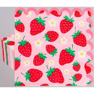 Pink red strawberry scalloped paper napkins 50 pack disposable summer fruit luncheon dinner napkins for birthday party table supplies