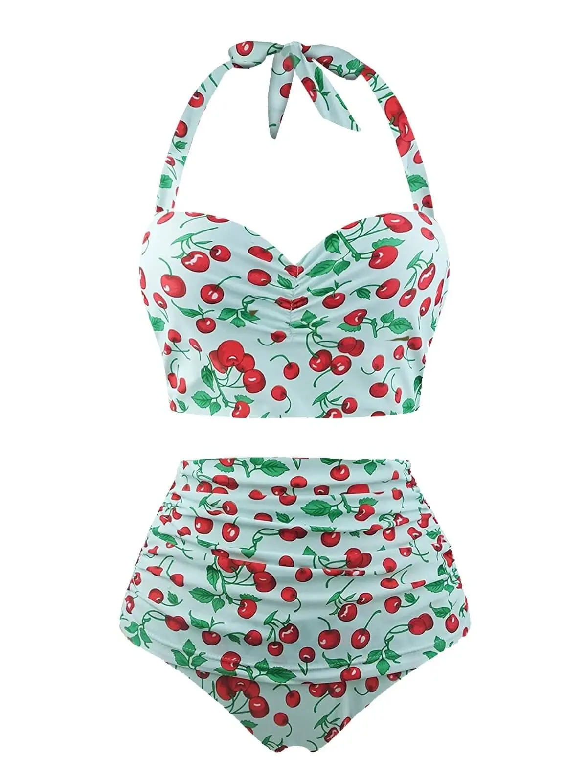 RETRO STAGE Women's 2-Piece Halter Neck Tankini Swimsuit, 1950s Retro Cherry Floral High-Rise Bikini Bottoms, Summer Swimwear (Multi-Size), Halter Neck Bikini, Floral Bikini Bottomvacation swimwear for women cute summer outfits