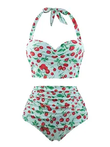 RETRO 1950S CHERRY SUMMER HALTER SWIMSUIT Floral Bikini Floral Bikini Top