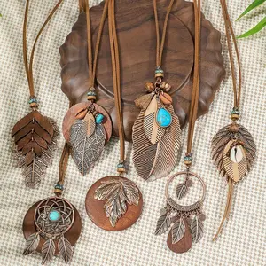 7pcs Boho Long Neckalce Set Brown Pendent Necklaces Sweater Chain Turquoise Shell Design Tribal Jewelry Party Decors Lifts