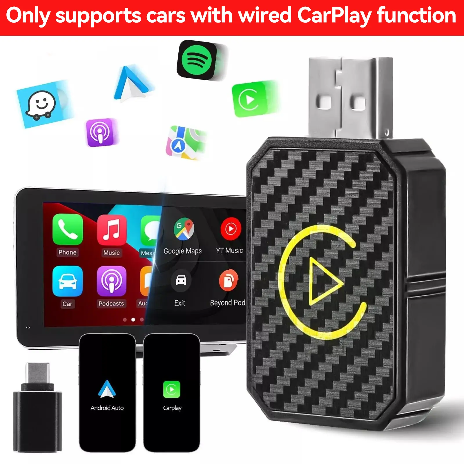 Mini 2-in-1 Wireless Carplay Adapter & Android Auto Wireless Adapter for OEM Wired apple Carplay Android Auto Car with iPhone iOS 12+ / Android 11+