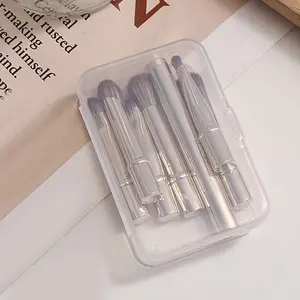 6-In-1 Makeup Brush Set, Full Aluminum Handle, Soft Fine Bristles, Compact Portable, Includes Long Handle and Storage Box, Ideal for On-The-Go Touch-Ups