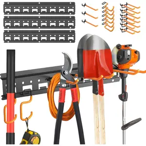 Garden Tool Organizer Wall Mount - Garage Storage and Organization Yard Tool Hanger with Adjustable Pegboard Hooks Shed Rack for Broom Mop Shovel Rake Trimmers, 48 inch Max 550lbs, Black
