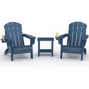 Folding Adirondack Chair Set of 2 with Side Table, HDPE Outdoor Patio Chair with Cup Holder, All Weather Resistent Wooden Textured for patios, Decks, Gardens, fire Pit, Navy Blue