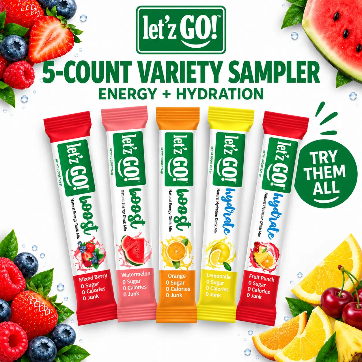 Let'z Go Energy + Hydration Sports Drink Sampler Pack - 5 Count, 5 Flavors