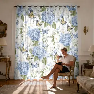 2 Panels Blue Hydrangea Print Light Filtering Curtain Panels,for Living Room Semi Sheers With Grommet for Dining Rooms,Window Drape for Bedroom Grommet Top