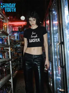 Women’s Live Laugh Lucifer Graphic Crop Tee | Gothic Slogan Baby Tee | Alternative Y2K Dark Humor Slim Fit T-Shirt