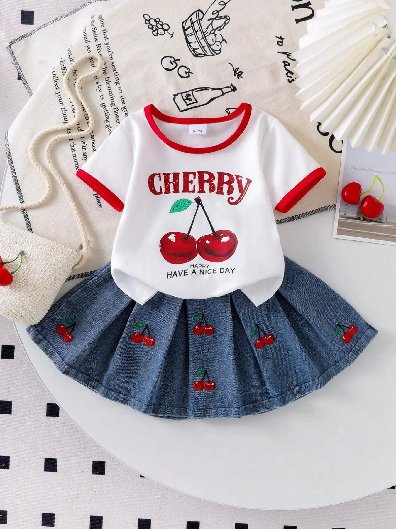 Baby Girl 2-Piece Set Outfit, Letter Cherry Print Short Sleeve T-Shirt and Pleated Jean Skirt, Cute Baby, Fashionable Kids Clothing, Casual