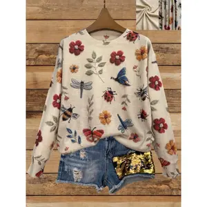 Women's lightweight sweater with full page printing, featuring 3D insect and floral design, casual round neck long sleeved top suitable for autumn and winter, made of soft and breathable fabric for women's hooded sweatshirt