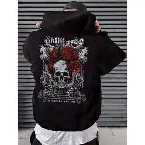 [Trendy Skull Hoodie] Loose Fit Men's Black Rose & Skull Graphic Hoodie |   CHILL OUT Lettering, Front Pockets, Ribbed Cuffs, Autumn Winter Casual Wear