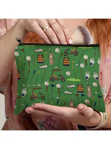 Golf-Themed Makeup Bag - Colorful Golf Clubs & Balls Design, Durable Fabric Zipper Pouch for Golf Lovers, Unisex Sports Organizer, Compact On-the-Go Storage, Golf Dad Gift Idea, Golf Bag, Functional Design