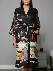 Women's Floral & Figure Print Belted Satin Silky Robe, Casual Long Sleeve V Neck Pocket Design Robe, Ladies Sleepwear Loungewear for All Seasons
