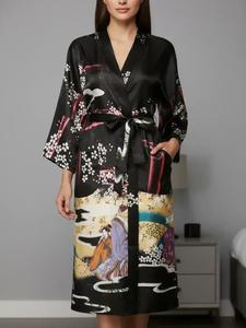 women's floral & figure print belted satin robe, casual long sleeve v neck pocket design robe, ladies sleepwear for all seasons, womenswear, clothes for women