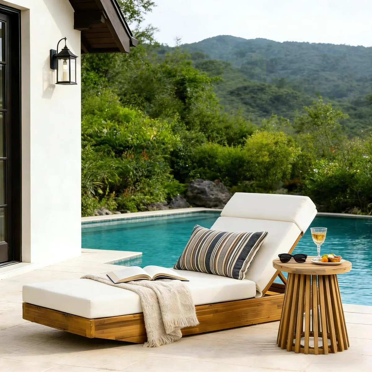 Outdoor Chaise Lounge Modern Acacia Wood  Recliner with Cream Water-Repellent Cushion & Integrated Headrest, Adjustable & Foldable Design for Patio, Poolside, Garden