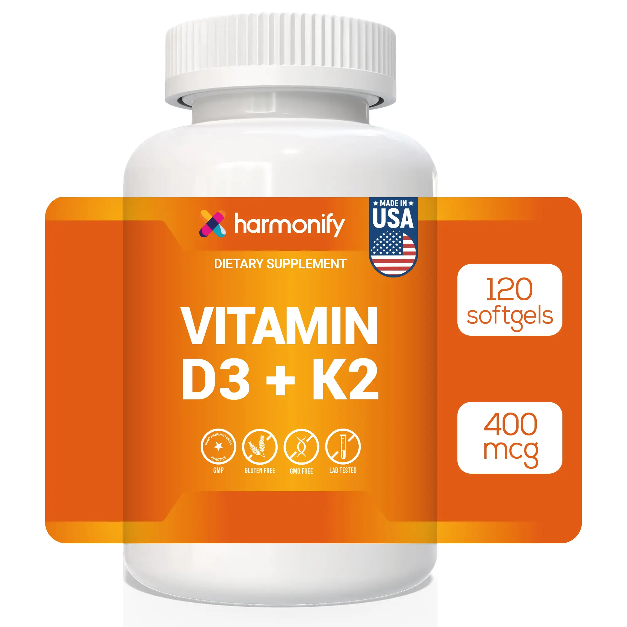 HARMONIFY Vitamin D3 + K2 – 400 mcg | 120 Softgels | High Potency | Made in USA | Bone & Heart Support | Non-GMO, Gluten-Free
