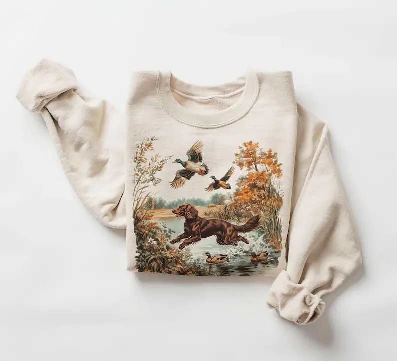 Retro Boykin Spaniel Retrieving Mallard Ducks Sweatshirt - 90s Vintage Cute Dog Breed Hunting Outfit - Boho Unisex Crewneck Sweatshirt, Unisex Cotton Crewneck Menswear Womenswear Underwear Streetwear Top