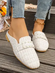 Women's Square Toe Mules, Elegant Casual Slip-On Shoes, over the Knee Height, Medium Width, All Seasons, Textile Upper, Tpr Sole