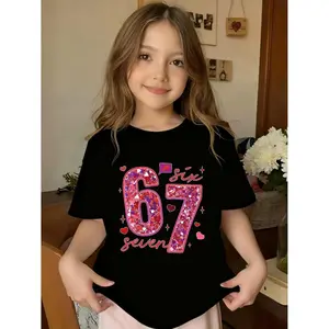 This Stylish and Versatile Round Neck Short-sleeved T-shirt for Girls Features a Pink Sequined Number 67 Print Design, Making It Perfect for Family Gatherings and Casual Wear.