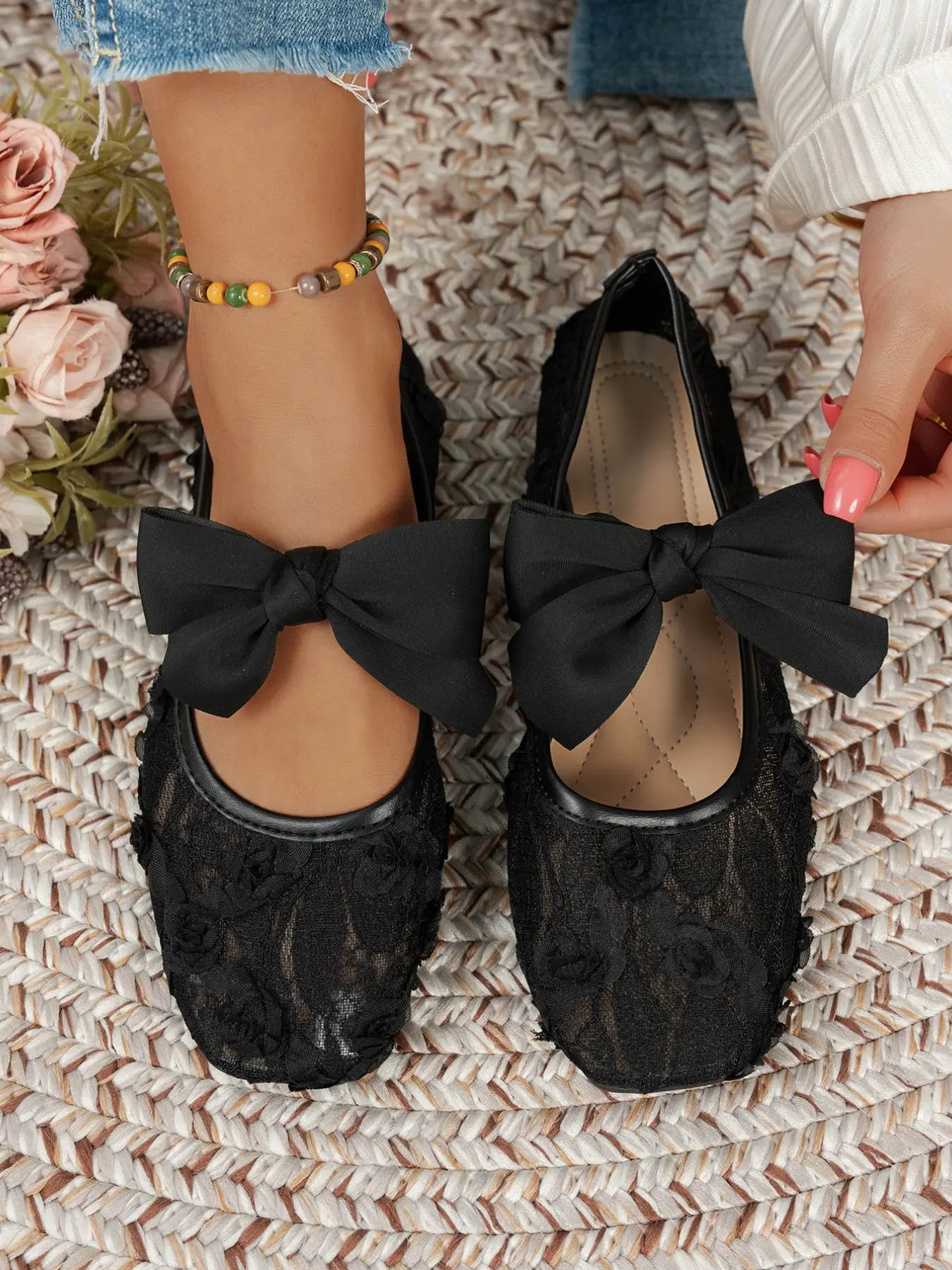 French Ballet Style Single Shoe with Rose Lace Design, Square Toe, Comfortable Fit, Elegant Mary Jane Shoes for All Seasons, Ballet Flats, Ballerina Flat