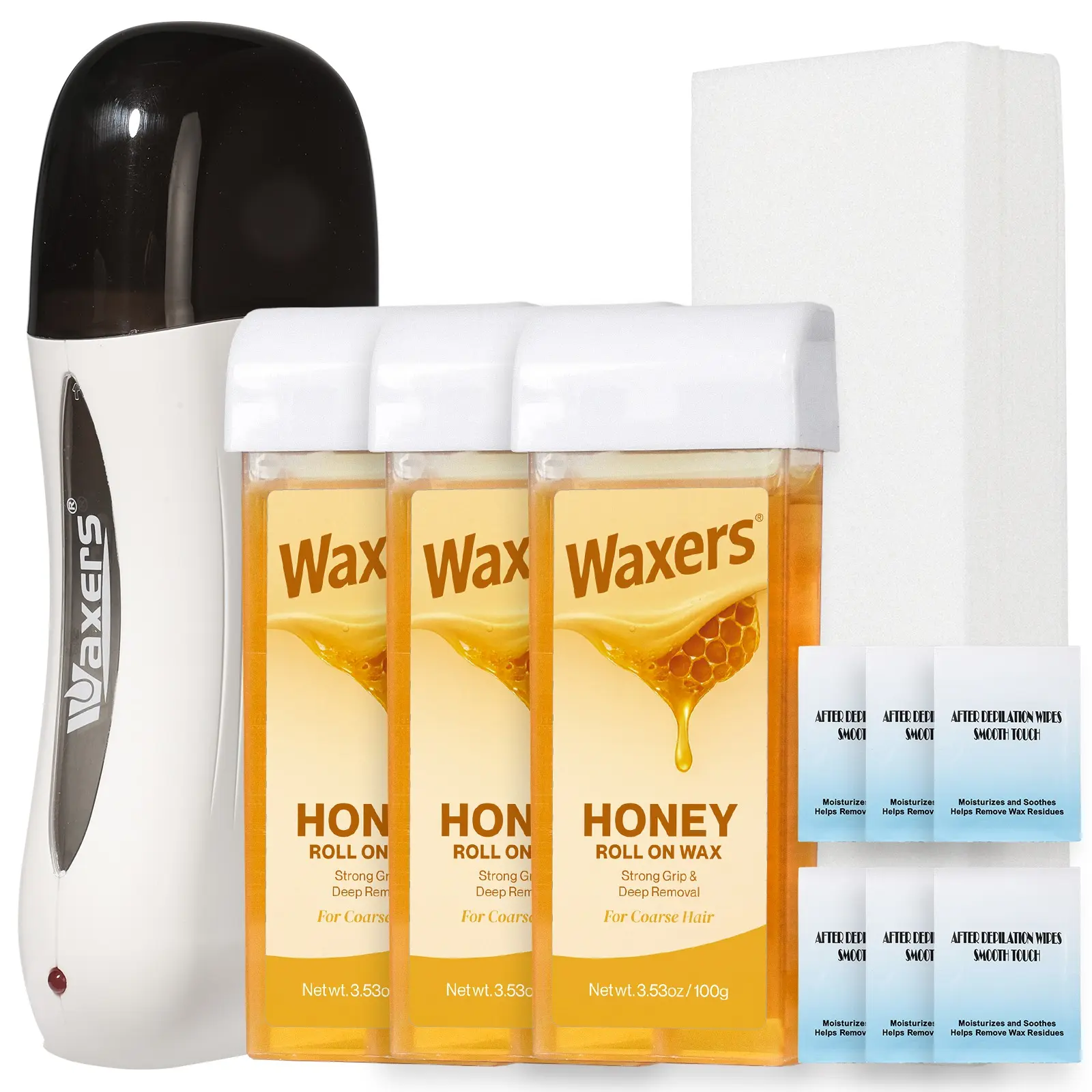 Waxers Roll on Wax Kit for Hair Removal Honey at Home Waxing Kit for Women & Men Roller Wax Cartridge Depilatory for Coarse & Thick Hair with Warmer & Strips