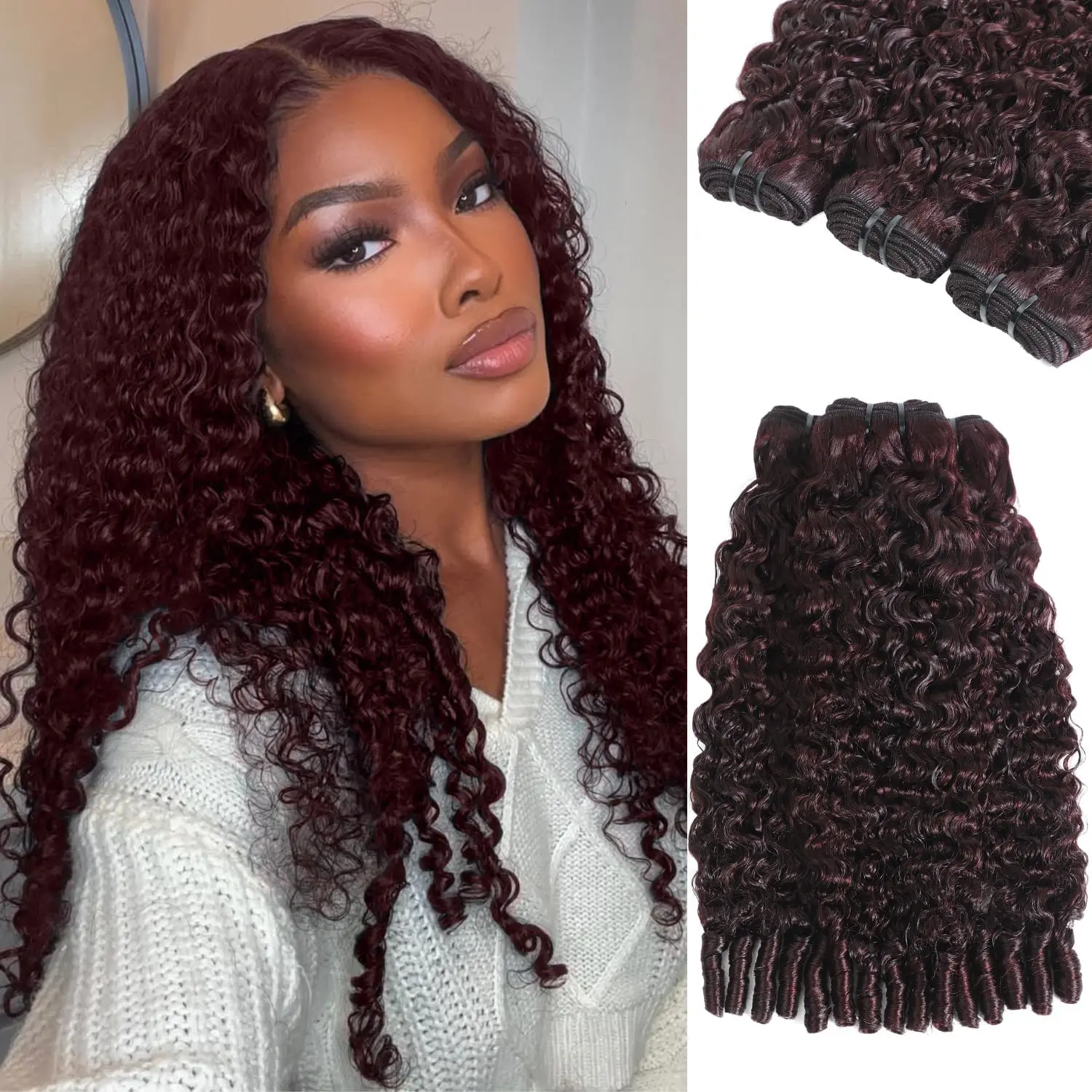 Black Women's 99J Dark Burgundy 15A Virgin Burmese Human Hair Bundles - 3 Volumizing 3C 4A Spiral Curl Bundles with Curly Wave Textures, Wine Red Human Hair Extensions & Pieces, Volumizing Human Hair Extensions & Pieces