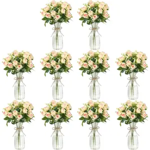 Zeyune 31 Pcs Rose Artificial Flowers with Vase Bulk for Table Centerpiece, 20 Bundles Fake Silk Roses 10 Plastic Clear Vase with 1 Pcs Rope Arrangement Decoration Wedding Home Party(Champagne)