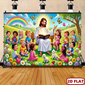 Bible Story Backdrop Religious Children Backdrop Faith Learning Background Cloth Spiritual Tapestry Wall Hanging Photography Background Polyester Fiber Church Sunday School Party Event Studio Decor Prop Wall Art